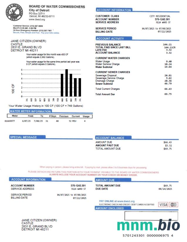 Szablon rachunku za media w USA Board of Water Commissioners w formatach Word i PDF